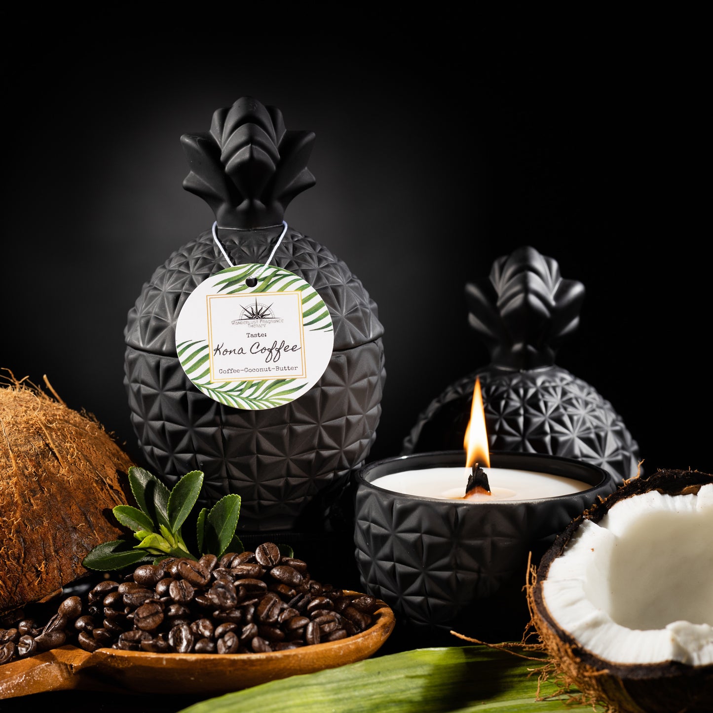 Candle in black pineapple jar scented with coffee, coconut and butter